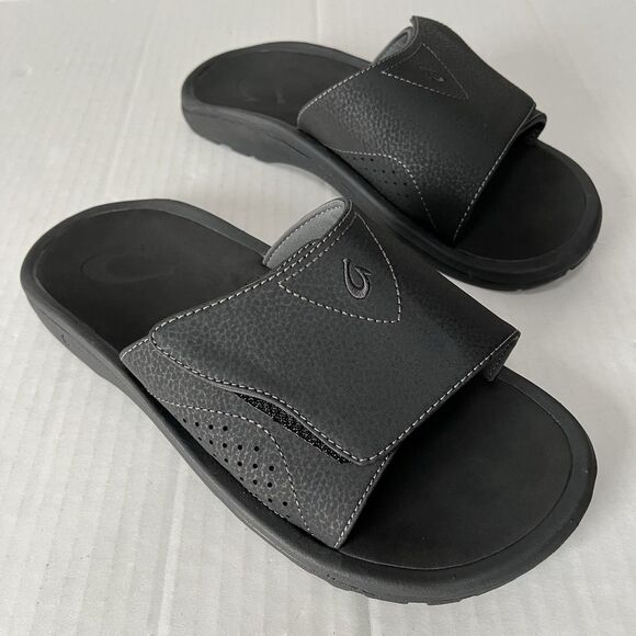 OluKai Nalu Slide Sandals Mens Black Water Resistant Slip On Casual Outdoor Sz 9 - Picture 1 of 16